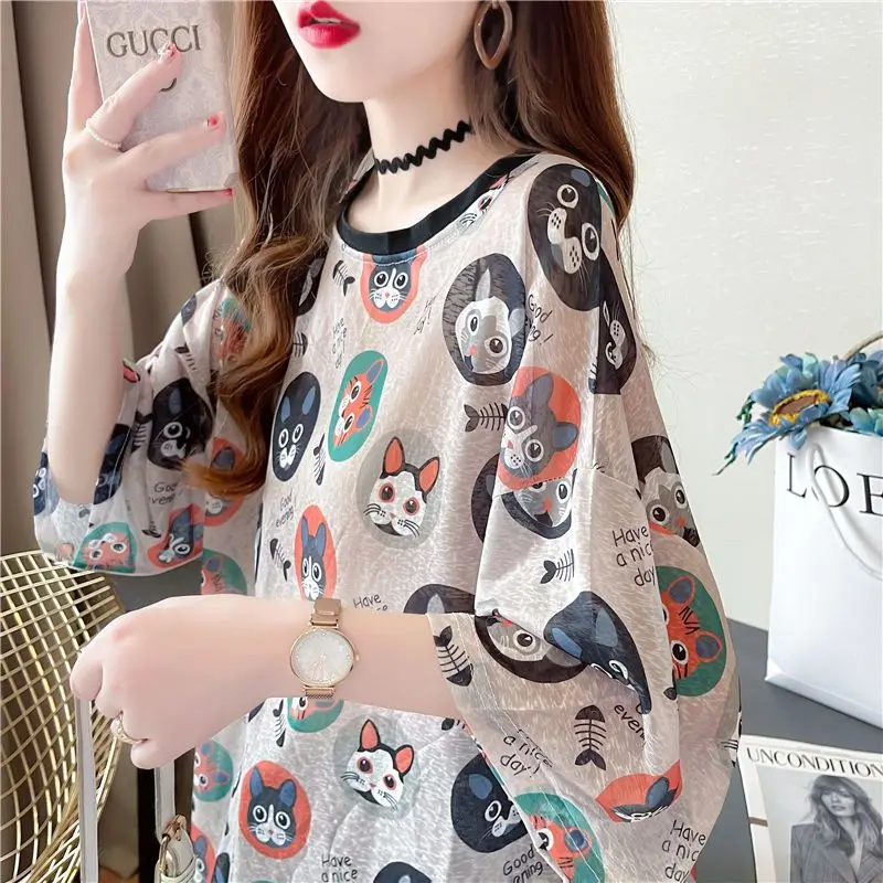 Women Summer Fashion Loose Fashionable Printing O-neck Short Sleeve T-Shirt Women Clothes Casual All-match Appear Thin Top Tee