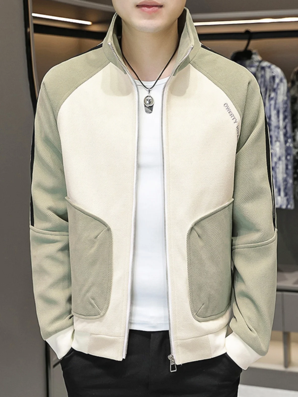 

Faionable Casual Men's Jaet Spring Autumn Stand Collar Busin High End Polyester Youth ular Stand Fit Long Sve