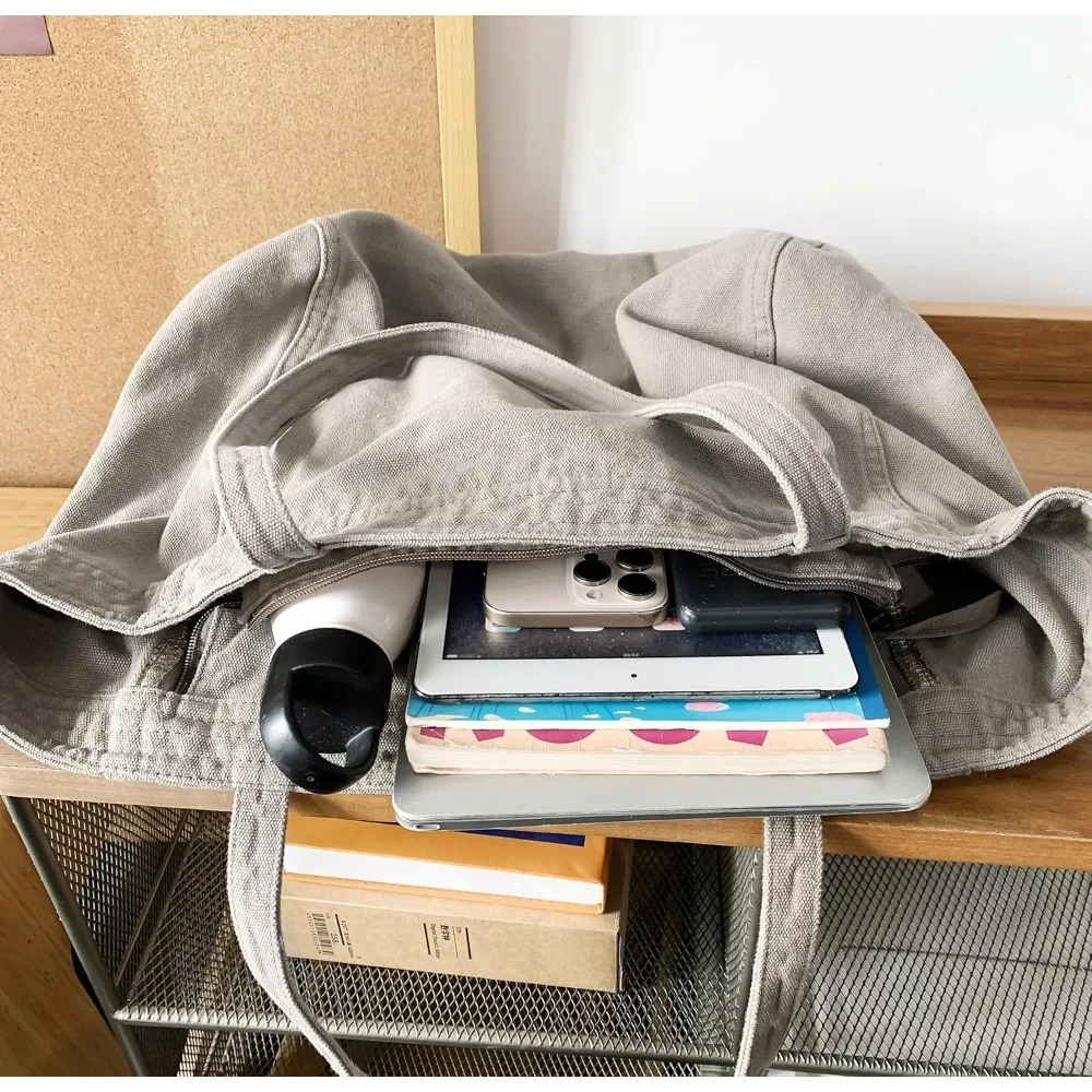 경제적인 면 캔버스 토트백, 여성용 호보 숄더백 크로스바디 핸드백, 외부 포켓 3개, 지퍼 잠금