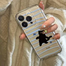 Ins striped black cat Phone Case For iPhone16 Pro Max15 14 13 12 11 XR XS Max 7 8PlusY2K Cartoon Comic soft anti fall phone case