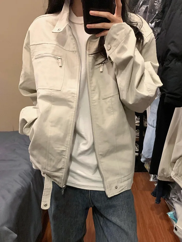 

Autumn American Retro Multi-Pocket Stand Collar Design Jacket Women Casual Loose Fashion Coat Female Y2K Harajuku Outerwear New