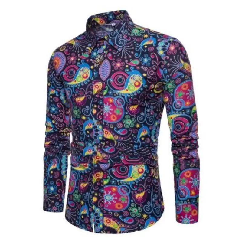 

Fashion Paisley Floral Print Men's Shirts Vintage Style Lapel Button-Up Long Sleeve Tops Hip Hop Men/Women Casual Party Clubwear