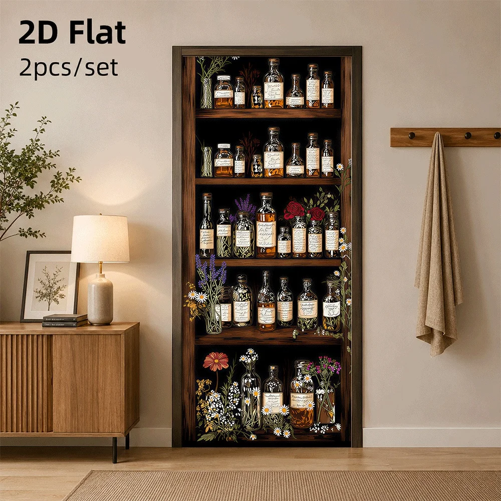 1 magic herb bottle door sticker with antique wooden medicine rack design, containing multiple herb bottles in 2D flat design