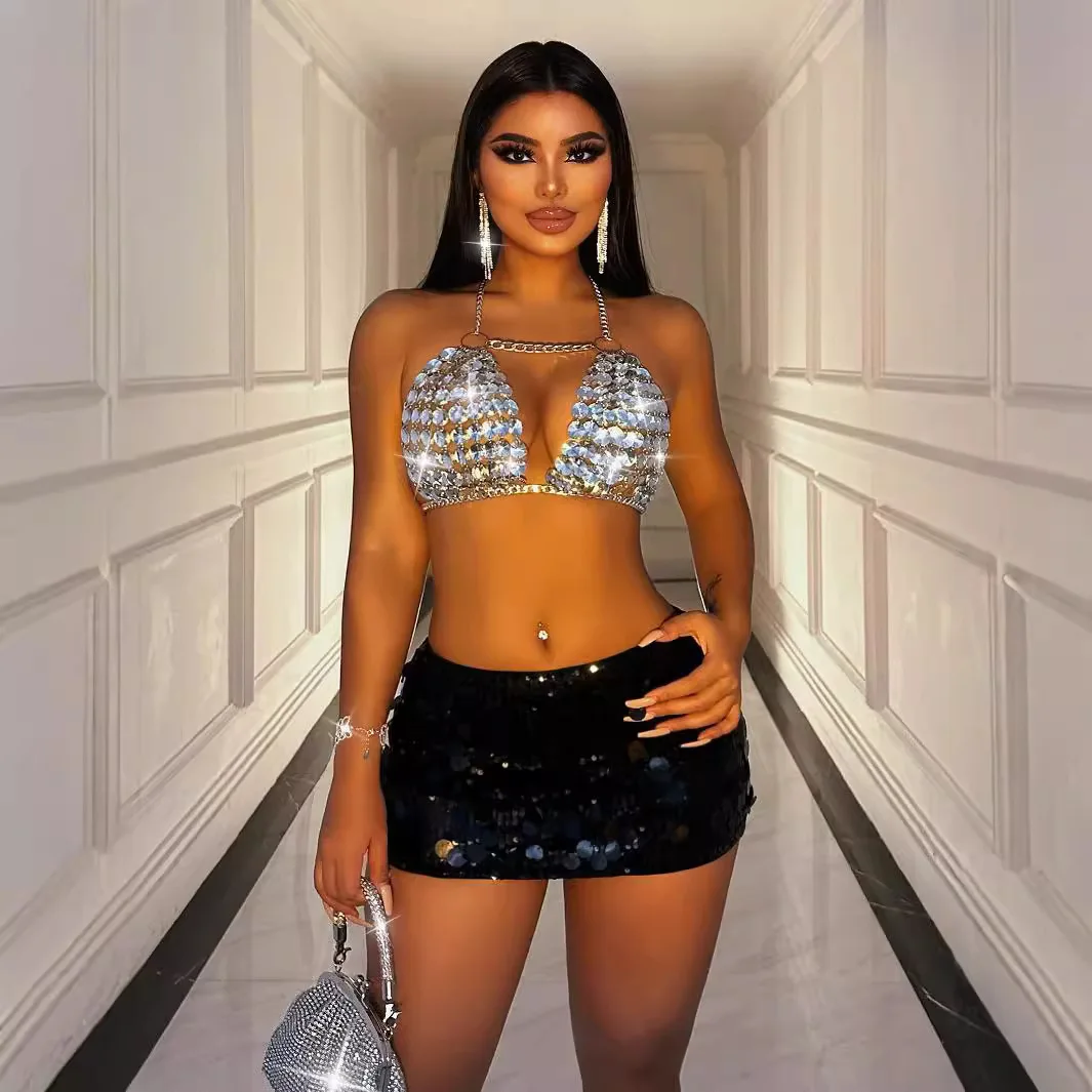 

2024 White Rhinestone Bra Chain Sexy Short Mini Halter Vest Tops Female Night Clubwear Dance Show Stripper Body Chain Jewelry
