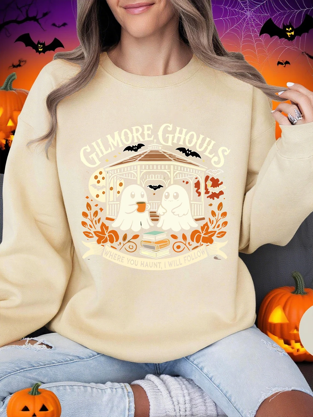 هالوين جيلمور الغول يطبع بلوزات النساء Crewneck أساسيات هوديس فضفاض الصوف الدافئة البلوز الشتاء ملابس امرأة غير رسمية