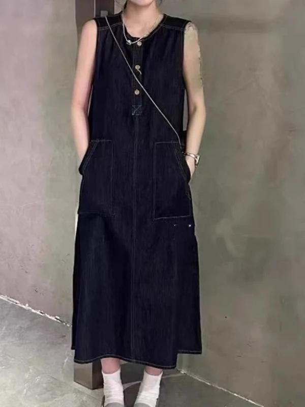 Retro runde Ne Weste Dr frauen Sommer Neue Koreanische Version Abnehmen Denim Langen Rock A-Line Silhouette No-Sve lange Dr