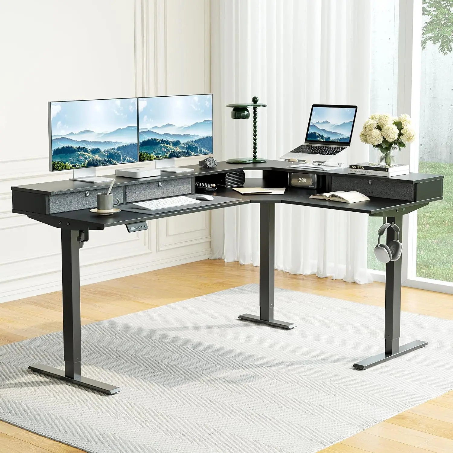 L Shaped Electric Standing Desk 63x48 Inch with Drawers Storage Corner Sit Stand Home Office Desk Splice Board Black, Customized