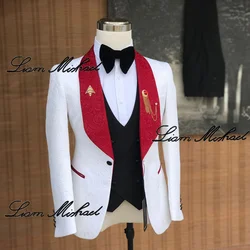 Jacquard Men's Suit 3 Piece White Jacket Pants Vest Wedding Groom Tuxedo Red Collar Party Formal Dress Elegant Men's Suit