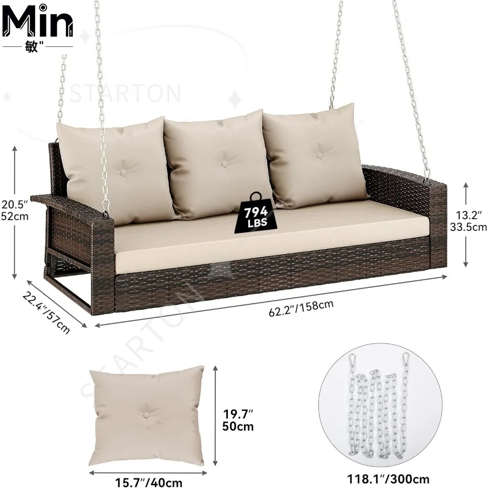 Wicker Rattan Hanging Porch Swing Chair with 3 Back Cushions Outdoor Patio Garden Swing Chair for Backyard Balcony