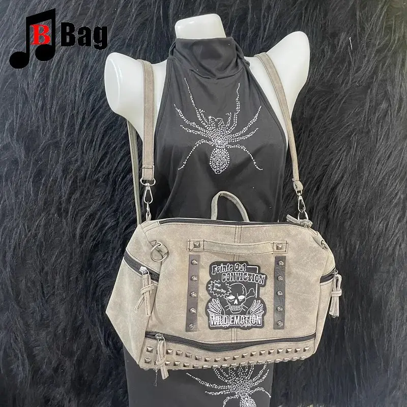 Y2k Girl Vintage Harajuku Punk Gothic Skeleton Rivet Womens Versatile Fashion Backpack Casual Large capacity Two Shoulders bag