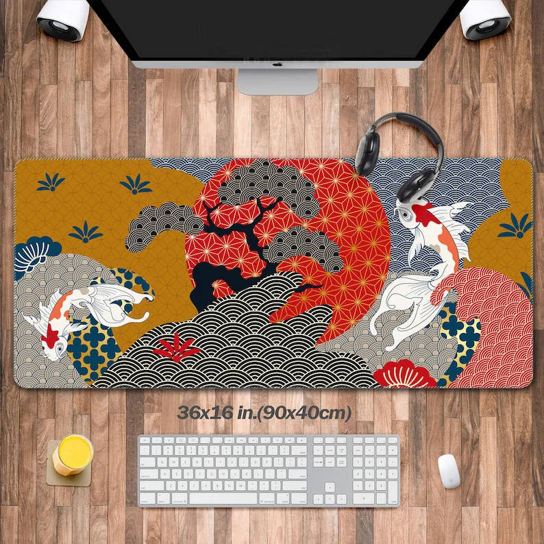 

Japanese Artistic Desk Mat，Koi Fish Japanese Mouse Pad,Oriental Pattern Desk Mat,Ukiyo-e Artistic Office Decoration,Qinghai Wave