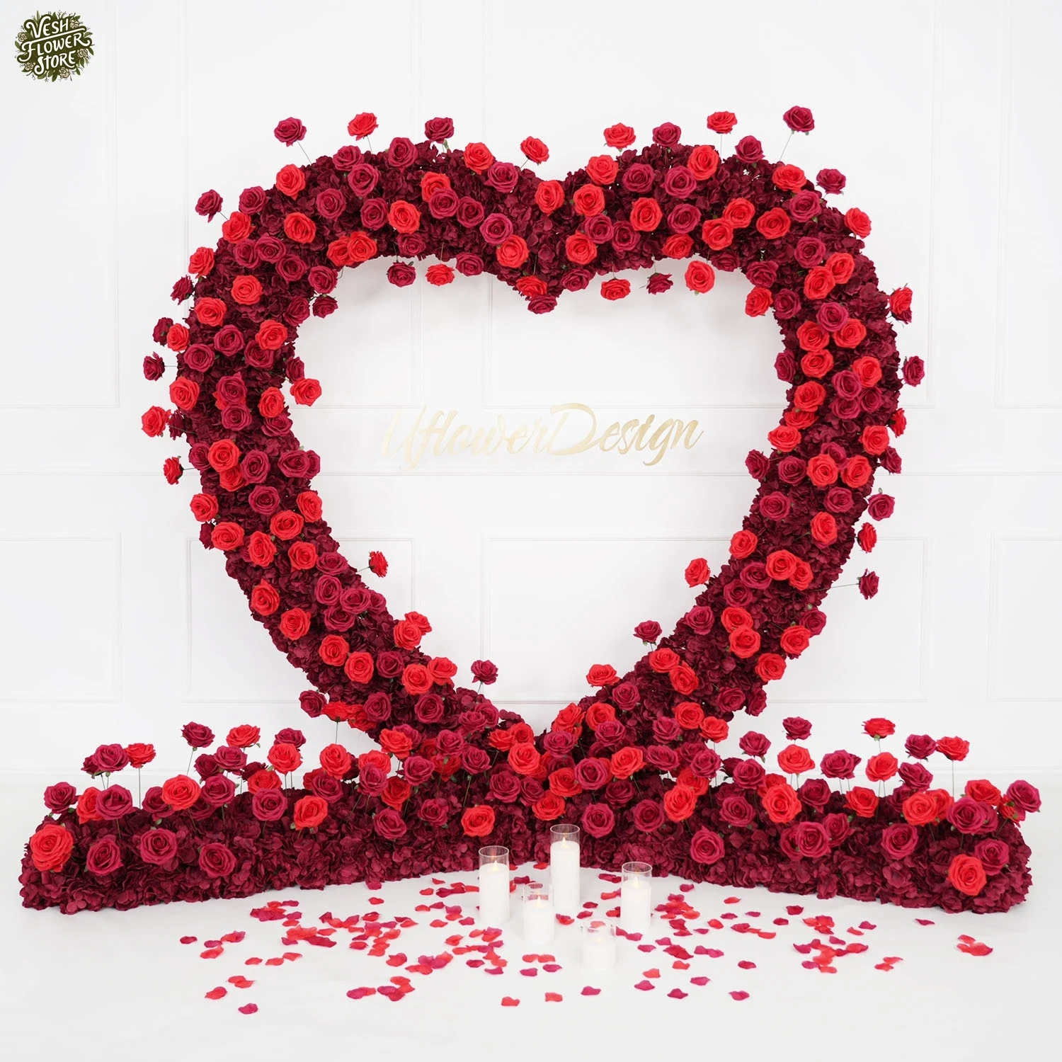 Artificial Red Rose Heart Wedding Arch Flower Row Floral Background Banquet Party Tabletop Event Decoration