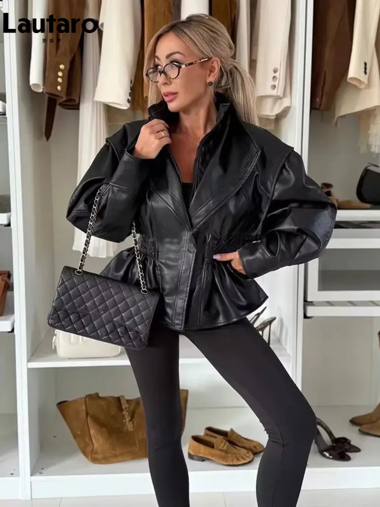 

Lautaro Spring Autumn Fitted Black Pu Leather Jacket Women Elastic Waist Elegant Luxury Designer Fake 2 Pieces Clothes 2026