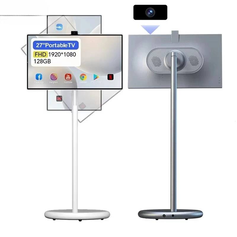 

New Stand Portable Tv for Indoor Android 15 Mobile Smart Tv on Wheels OFD 27 Inch Portable With Battery