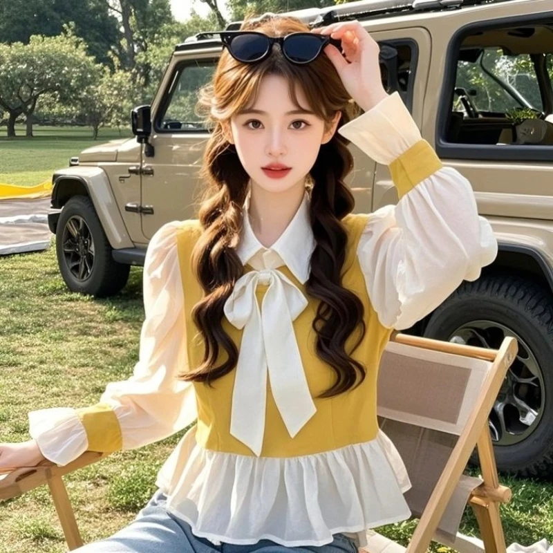 

Sweet Contrast Patchwork Fake Two Piece Blouse Spring Autumn Long Sleeve Loose Fashion Shirt Tops Elegant Korean Women Clothing
