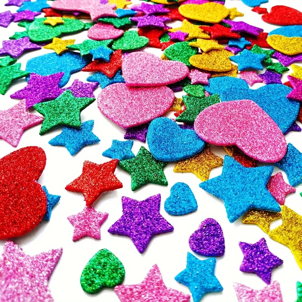 150/300 Stück Bunte Glitzer-Schaumstoff-Aufkleber - Selbstklebende Stern- und Herzformen, Glänzende Kunststoff-Aufkleber für Bas