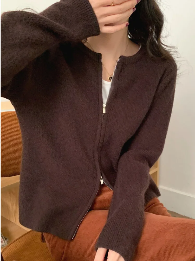 

Korean Style Simple Zipper Knitted Cardigan Women's 2022 Autumn New Round Neck Solid Color Sweater Women's Coat Tops Trend G943