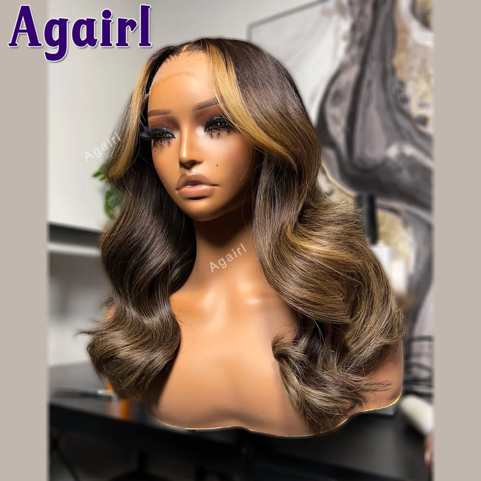 

Ombre Blonde Highlight Lace Wigs Предварительно сорванный парик фронтальной части шнурка 13x6 для женщин 5X5 Кружевная застежка Объемная волна Бесклеевой парик Плотность 200