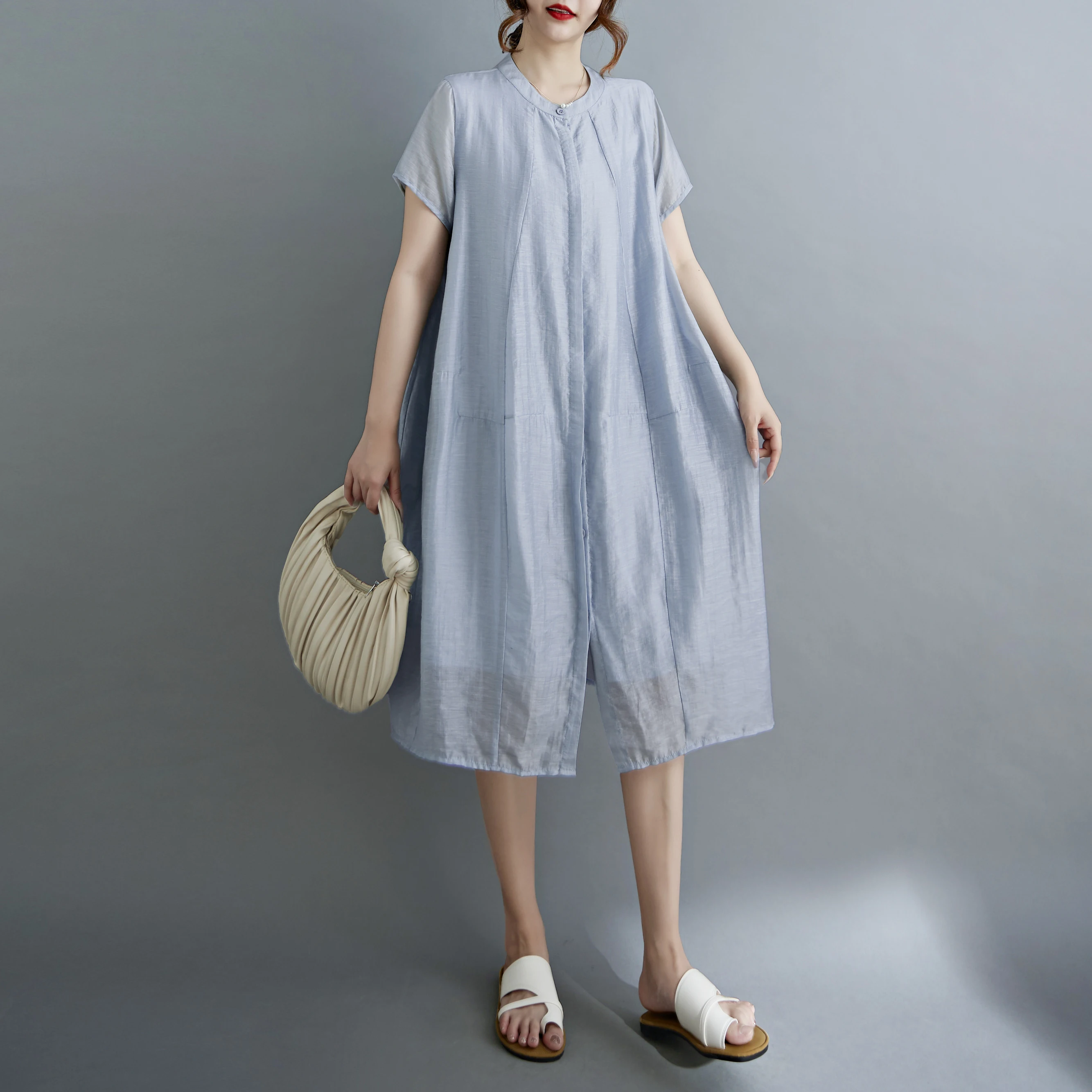 Slimming ort Sve irt Dr European Sle Loose Fit Faionable Age-Defng High-End Feel Thin Material Polyester Cott...