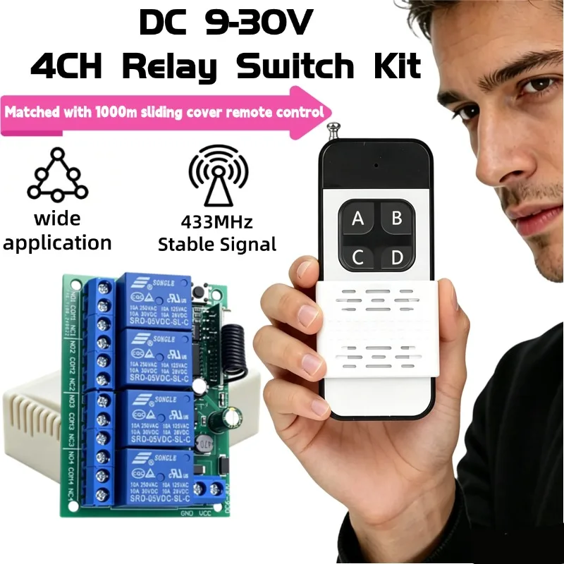 Universal Wireless Remote Control Switch DC 9V 12V 24V 4CH Relay Receiver Module With 4 Channel RF 433 Mhz 1000M Transmitter