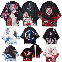 Color Cosplayer Anime Haori Kimono Men Japanese Style Haori Ukiyoe Waves Cloak Cosplay Costume Anime Men Top Loose Cardigan