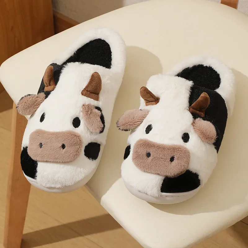 Cow Slippers women Warm winter cartoon Kawaii Plush Contton Indoor Fuzzy shoes for women Men Male Female Soft Home house Floor