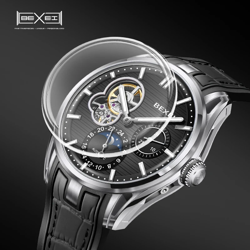 BEXEI 9226 يعرض لساعة تاريخ الشهر الميكانيكية 316L حالة الحركة التلقائية الأرقام الرومانية رجل ساعة K1 كريستال
