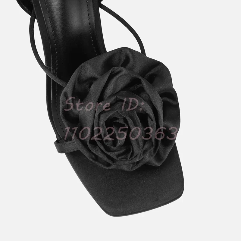 Orange Flower Cross-tied Stilettos Sandals Satin Solid Round Toe Slip-on Thin High Heeled Fashion 2024 Women Sexy Dress Shoes