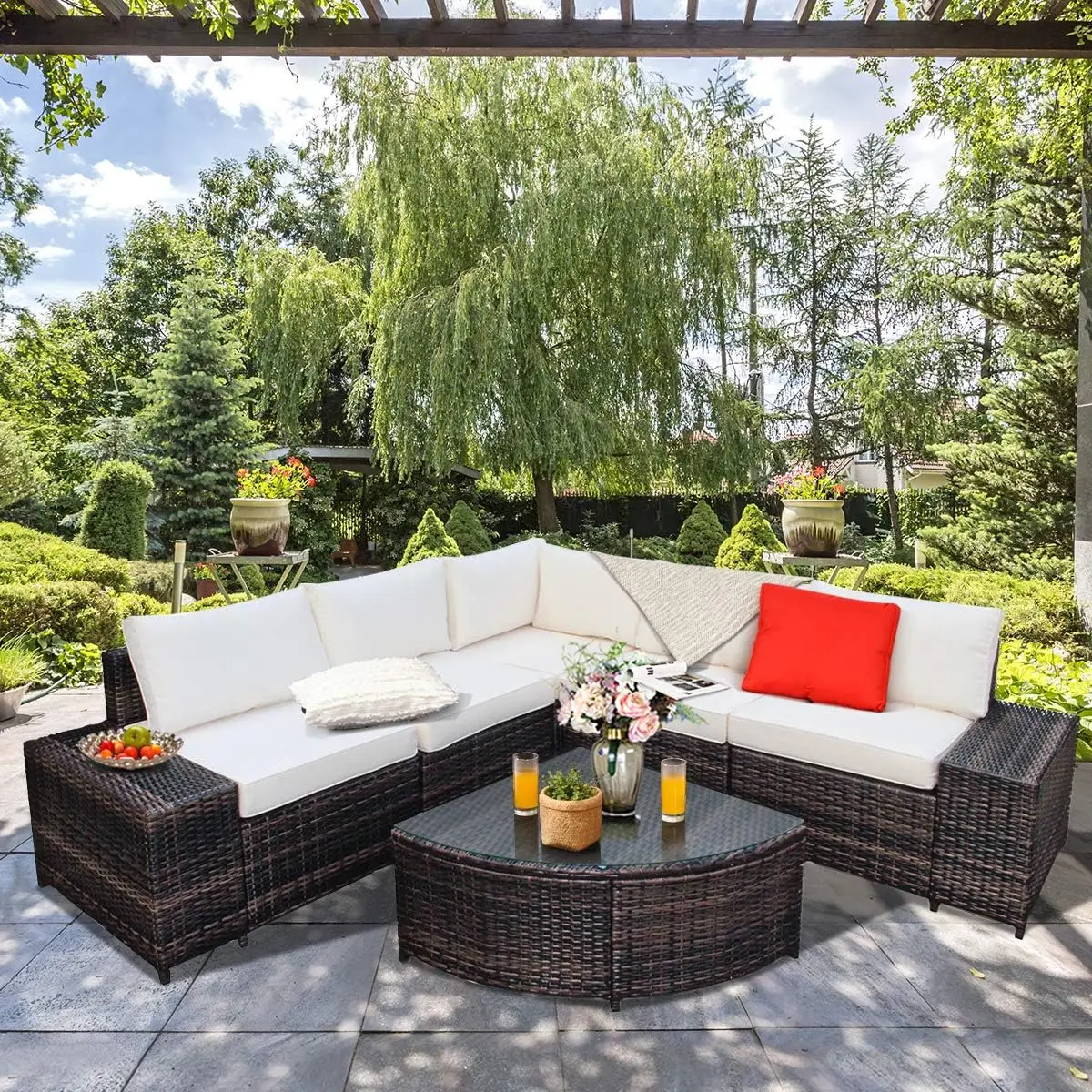 6 Piece Wicker Patio Furniture Set, Outdoor All Weather PE Rattan Conversation Set w/Tempered Glass Coffee Table