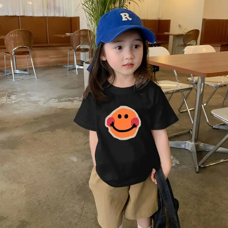 Girl's Boy Smiling Face Short Sleeve Cotton T-shirt 2024 Middle-aged Young Children Summer Versatile Tee Top Baby Kid Clothes