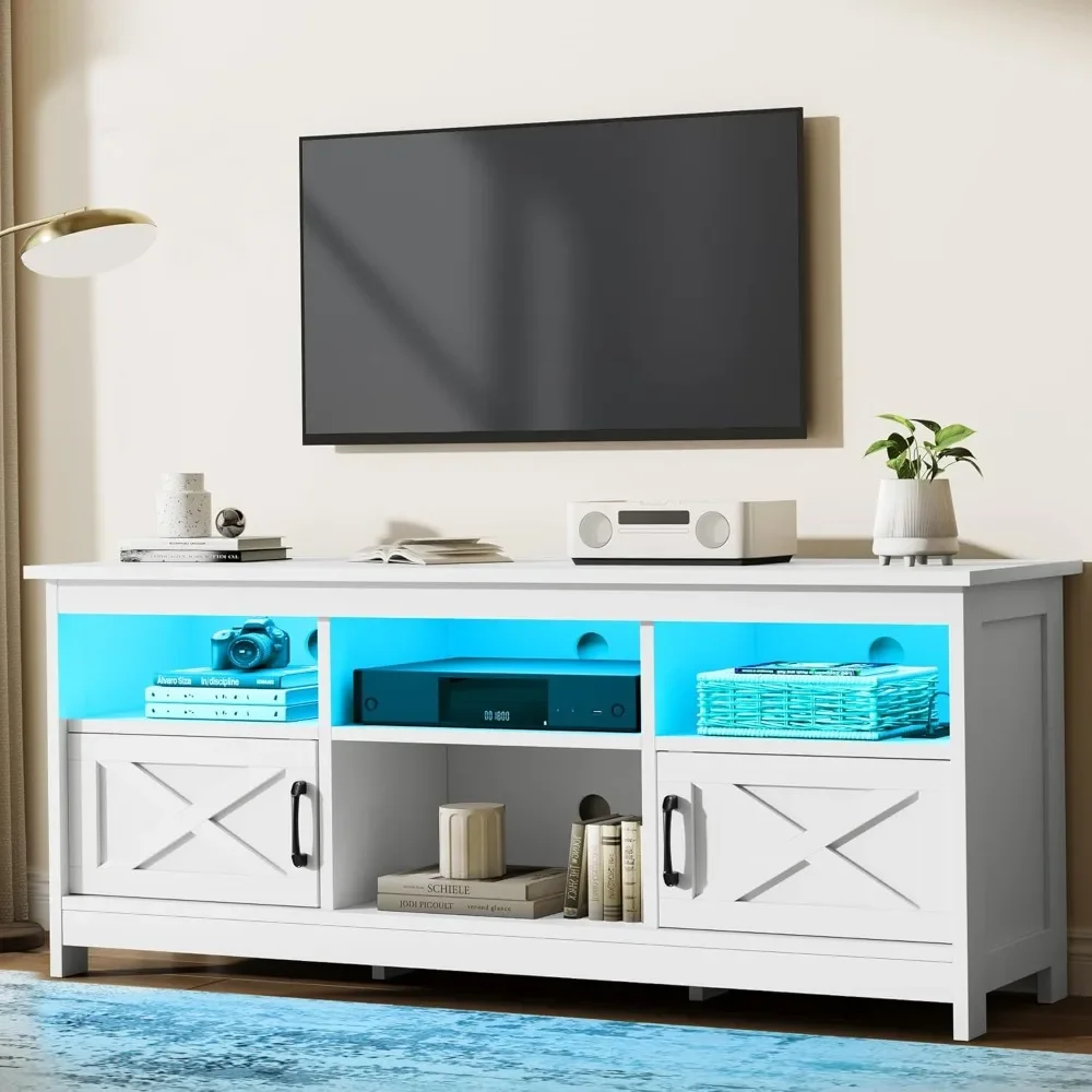 

Farmhouse TV Stand with Power Outlet, LED Light Entertainment Center for TVs up to 65 Inch, TV Cabinet with Storage