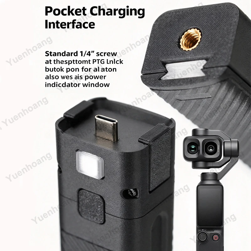 1Set For DJI Pocket 4/4P Battery Handle Shell Replaceable-Cell Grip Housing w Type-C Charge/Discharge Port Fits 18650/21700 Cell