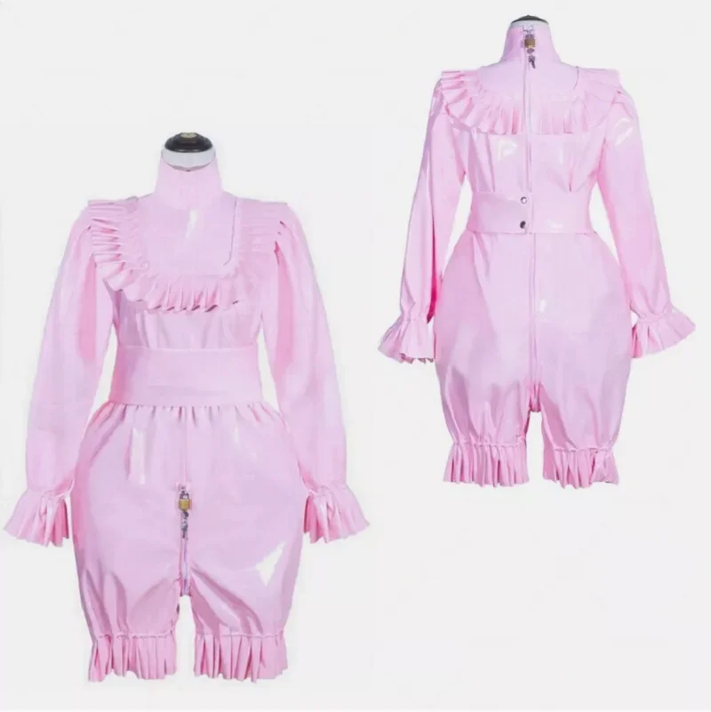 

French maid Sisi can lock pink PVC jumpsuit cosplay costume customization