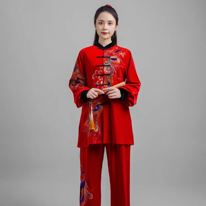 Kun Master Thicken Velvet Taichi Uniform Elegant Winter Martial Arts Suit Embroidery Kung Fu Clothes Taiji for Women