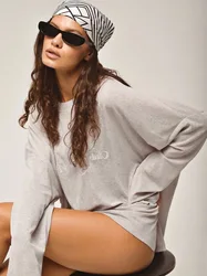 Sexy Women's Sweatshirt Solid Color Letter Print Hoodie Sheer O-neck Pullovers Drop Sleeves Oversize Tops Girl's Tees Summer