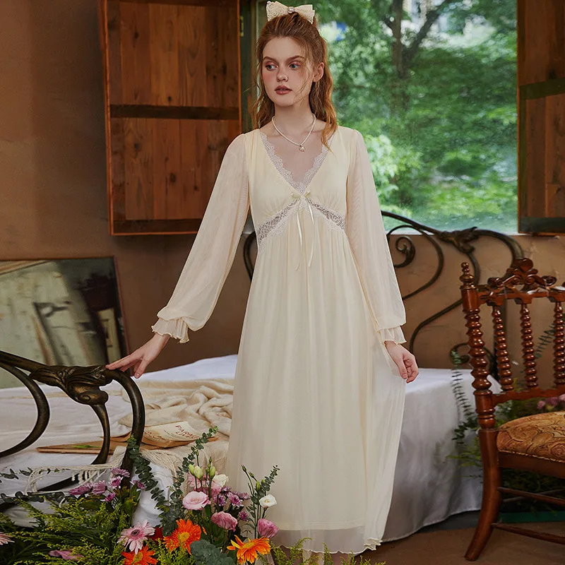 Vintage Solid Color Night Dress Spring Autumn Lace Long Nightdress Women Mesh Sexy V Neck Nightgown Princess Sleepwear Nightwear