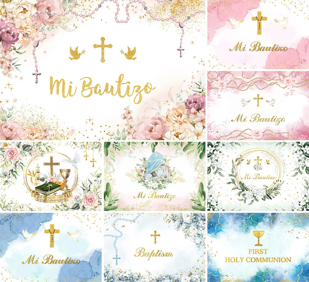 

Mi Bautizo Flowers Backdrop for Girl Baptism Gold Cross Boho Floral Leaves Decor Gold Sequins Photography Background DC-01