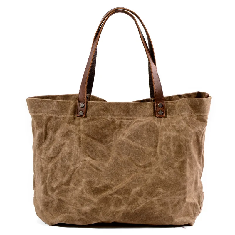 Waterproof oil wax canvas women's bag, simple cross-body bag, retro shoulder bag, men's large capacity pleated tote bag