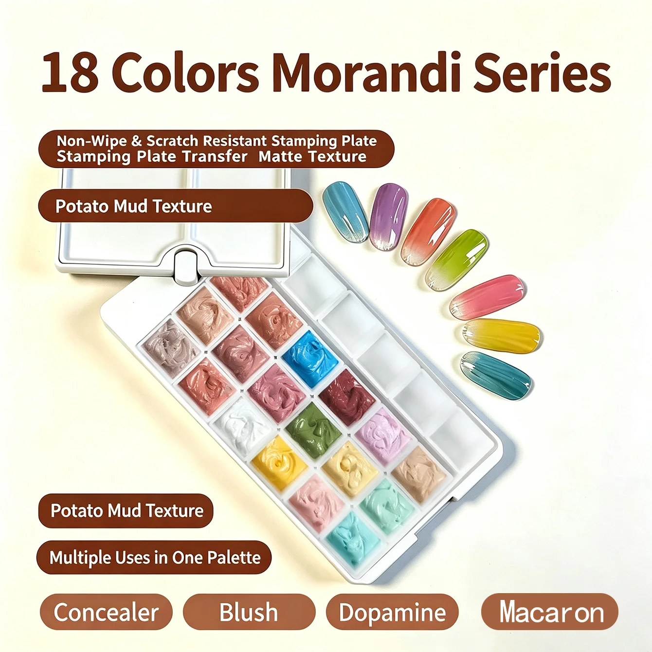 18‑Color Morandi Potato Mud Nail Stamping Gel Palette Non‑Wipe Stamp Gel Multi‑Use for Blush Ombre Manicure