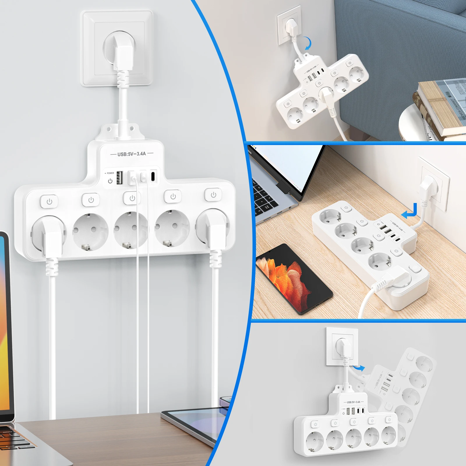 Eu Multi-plug power strip with 2 USB and 2 Type-C charging ports Power adapter Multi-function wall power socket 16A 4000W white image 6