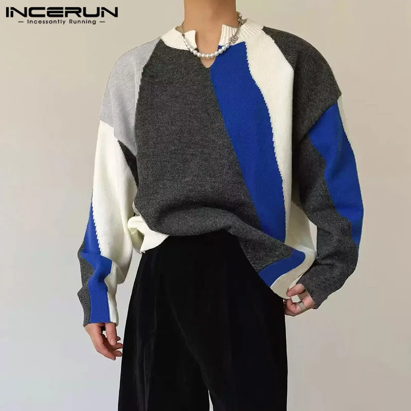 INCERUN Tops Korean Style Handsome Men Printed Color Block Pullover T-shirts Casual Streetwear Hot Selling Long Sleeved Camiseta