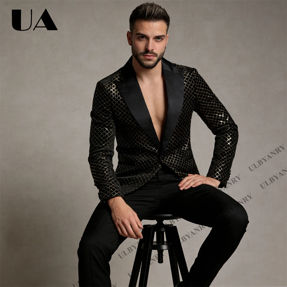 Trendy Men’s Black Blazer with Gold Geometric Mesh Sequins, Satin Collar Slim Fit Jacket for Wedding Dinner Gala