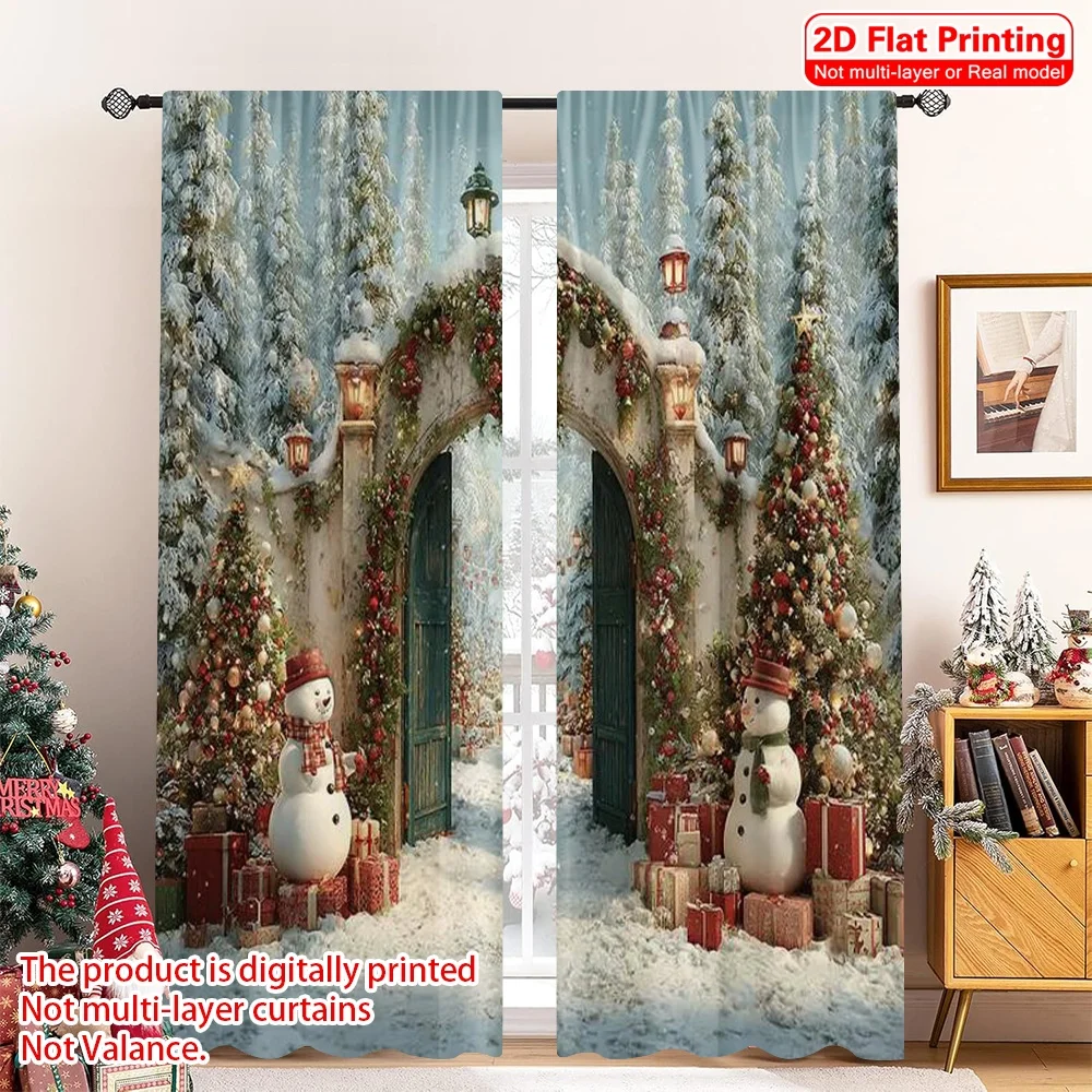

2pcs 2D flat printing Merry Christmas Popular Curtain Snow Arch Machine Washable Polyester Without Electricity Festive Curtains