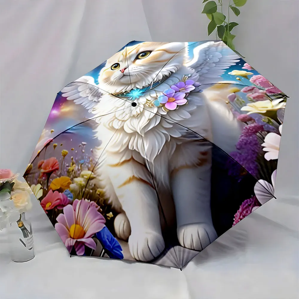 1PC Winged Cat in a Colorful Fantasy Scene Print 8 Iron Ribs Folding Umbrella Auto-Open Fashion Sunshade