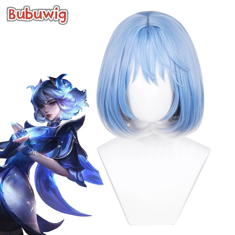 

Bubuwig Synthetic Hair Irelia Cosplay Wigs Game LOL Porcelain Irelia 35cm Short Straight Blue Mixed Gray Bobo Wig Heat Resistant