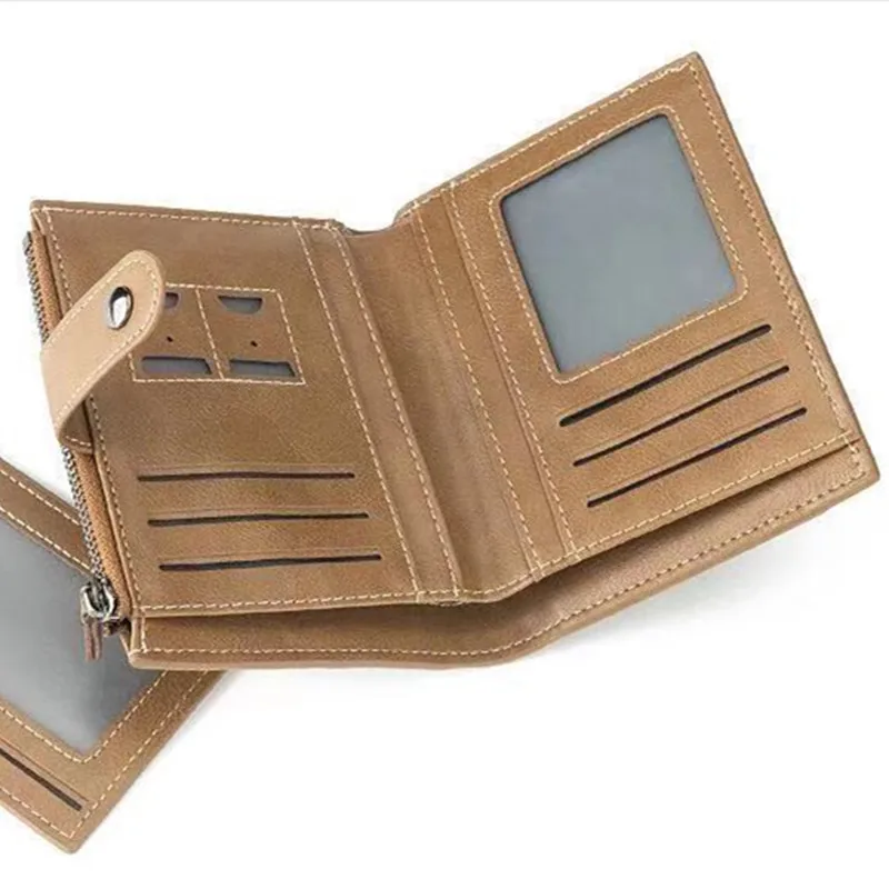 Fashion Snap Button Men's Short Wallet Vintage Leather Coin Purse Tri Fold Card Holder Zipper Male Money Wallet