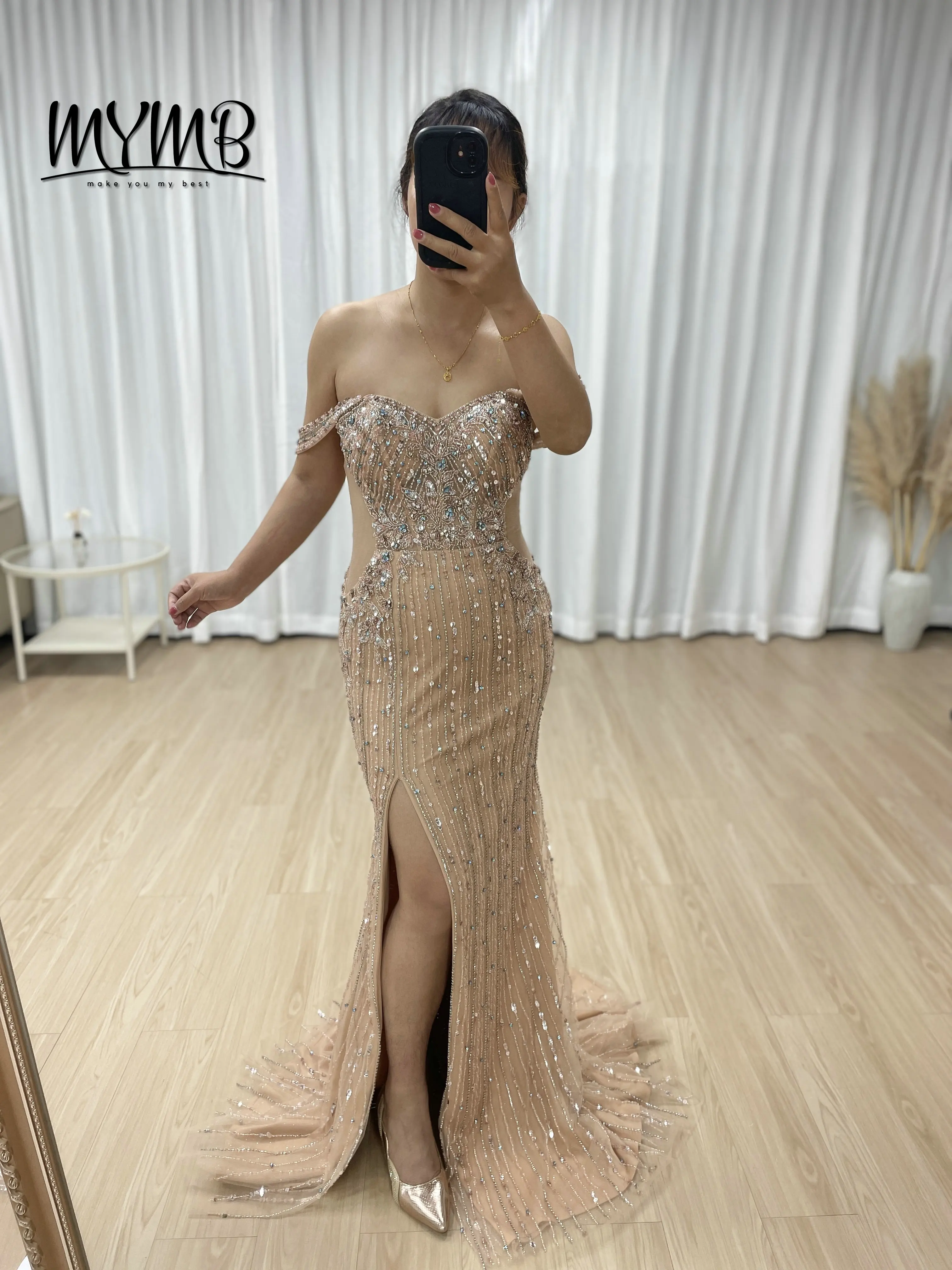 

MYMB Роскошное вечернее платье цвета шампанского с открытыми плечами, расшитое бисером, женское платье русалки с разрезом для официального мероприятия, банкета, вечеринки, наряд MB40399