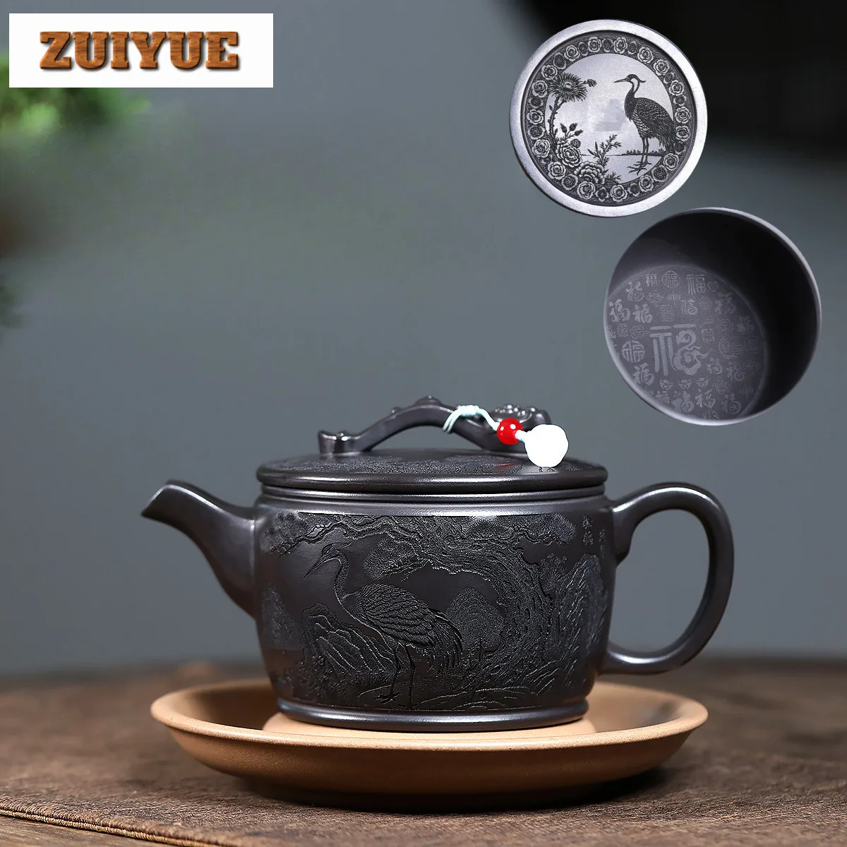 

450ml Yixing Purple Clay Teapot Handmade Pine Crane Large Caliber Pot Raw Ore Stone Yellow Mud Kettle With Strainer Zisha Teaset
