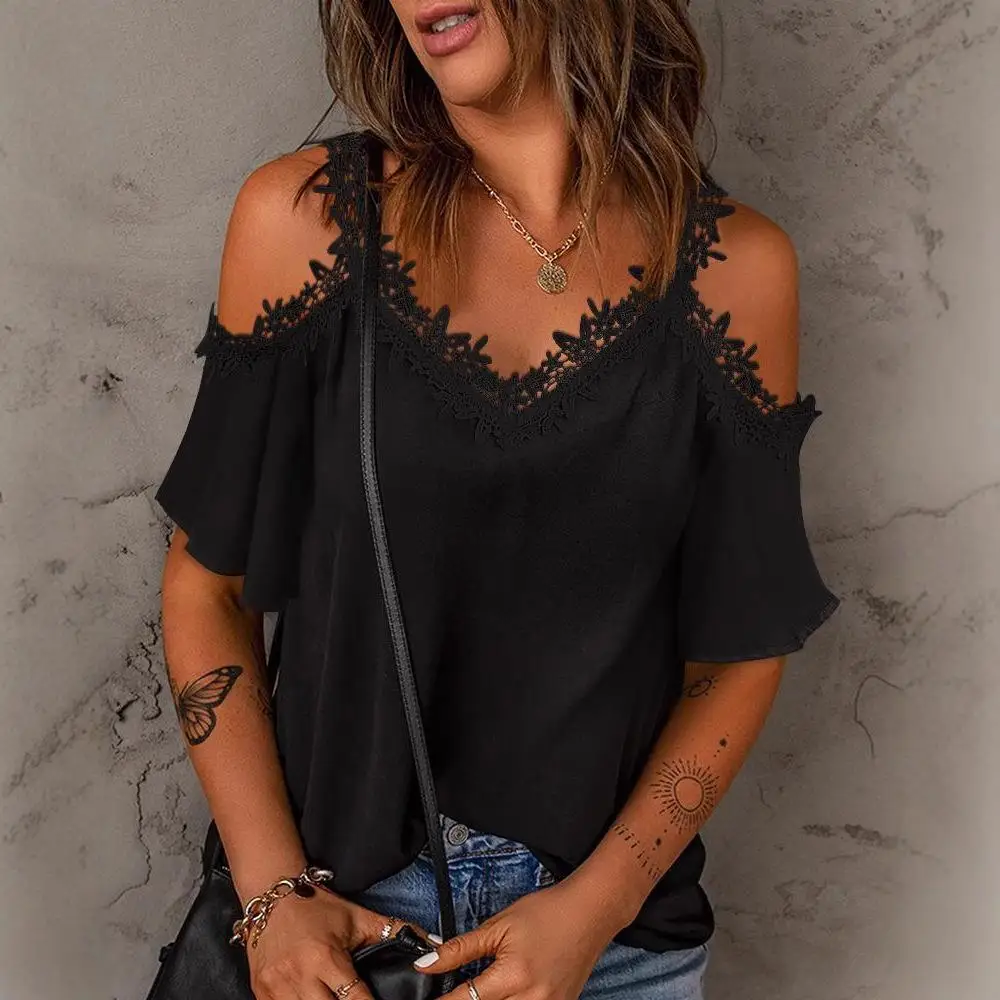 Spitze Kragen Basis irt Damen Lange Sve Casual Sle Polyester Weste Sl Splice Reine Farbe Sommer Faion Damen Top