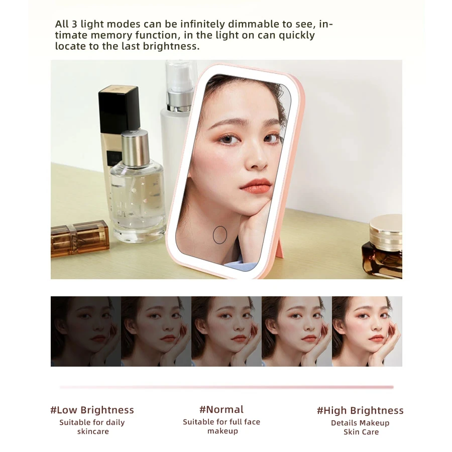 مرآة مكياج بشاشة تعمل باللمس LED مرآة قابلة للطي مرآة مكياج مضاءة 3 ألوان أوضاع إضاءة USB قابلة لإعادة الشحن أدوات مرآة التجميل #4